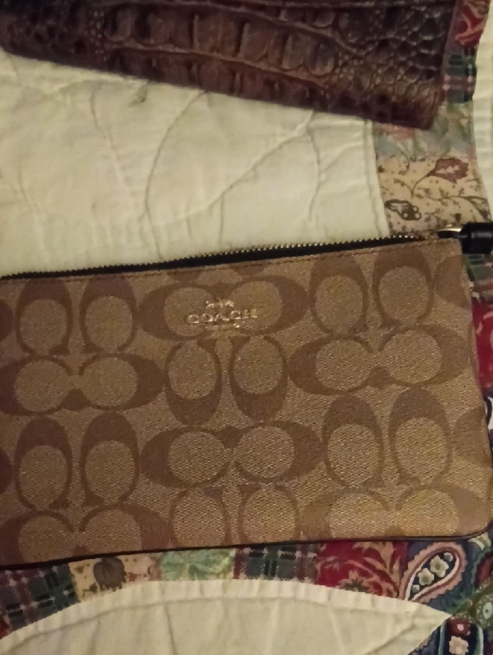 Coach Tan Signature Canvas Wristlet with Gold Logo